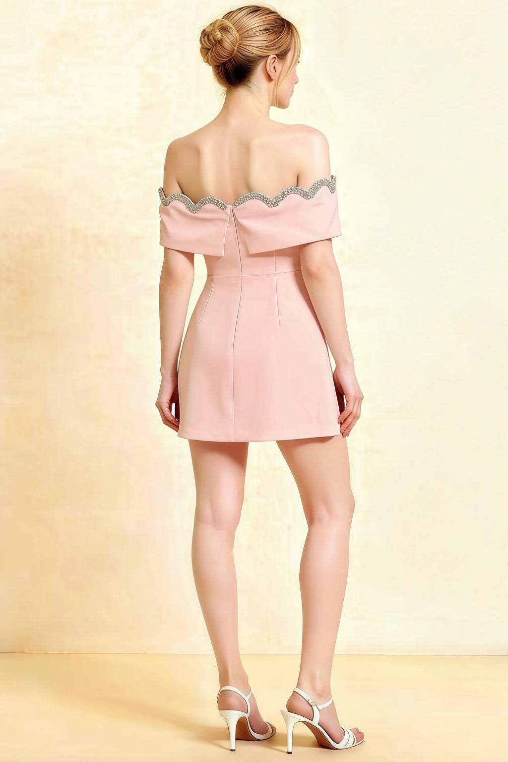 Christy Pink Off the Shoulder Rhinestones Mini Dress – Back View of Blush Crepe Prom Dress with Scalloped Rhinestone Trim, High Waist & Concealed Zipper