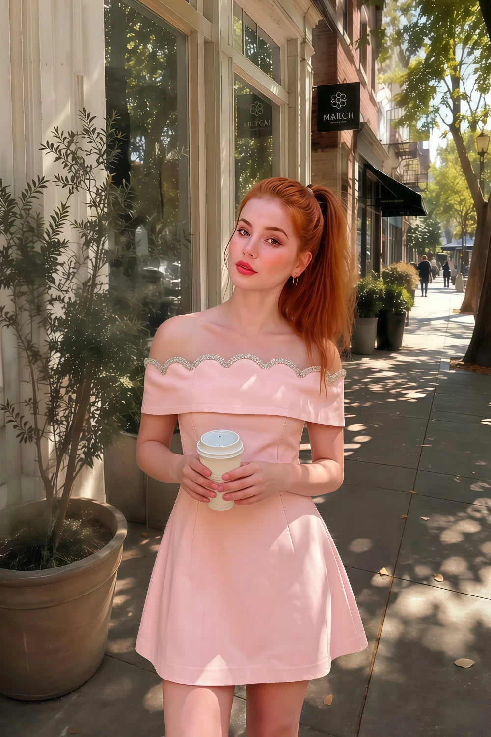 Customer Wearing Christy Pink Off the Shoulder Rhinestones Mini Dress – Blush Crepe Casual Cocktail Dress for Bridesmaid Party or Daily Wear, Scalloped Beaded Neckline