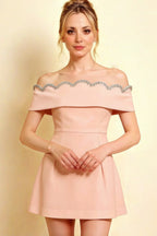 Christy Pink Off the Shoulder Rhinestones Mini Dress – Elegant Blush Crepe Semi-Formal Dress with Scalloped Beaded Neckline, Tailored Bodice & Flowy Skirt