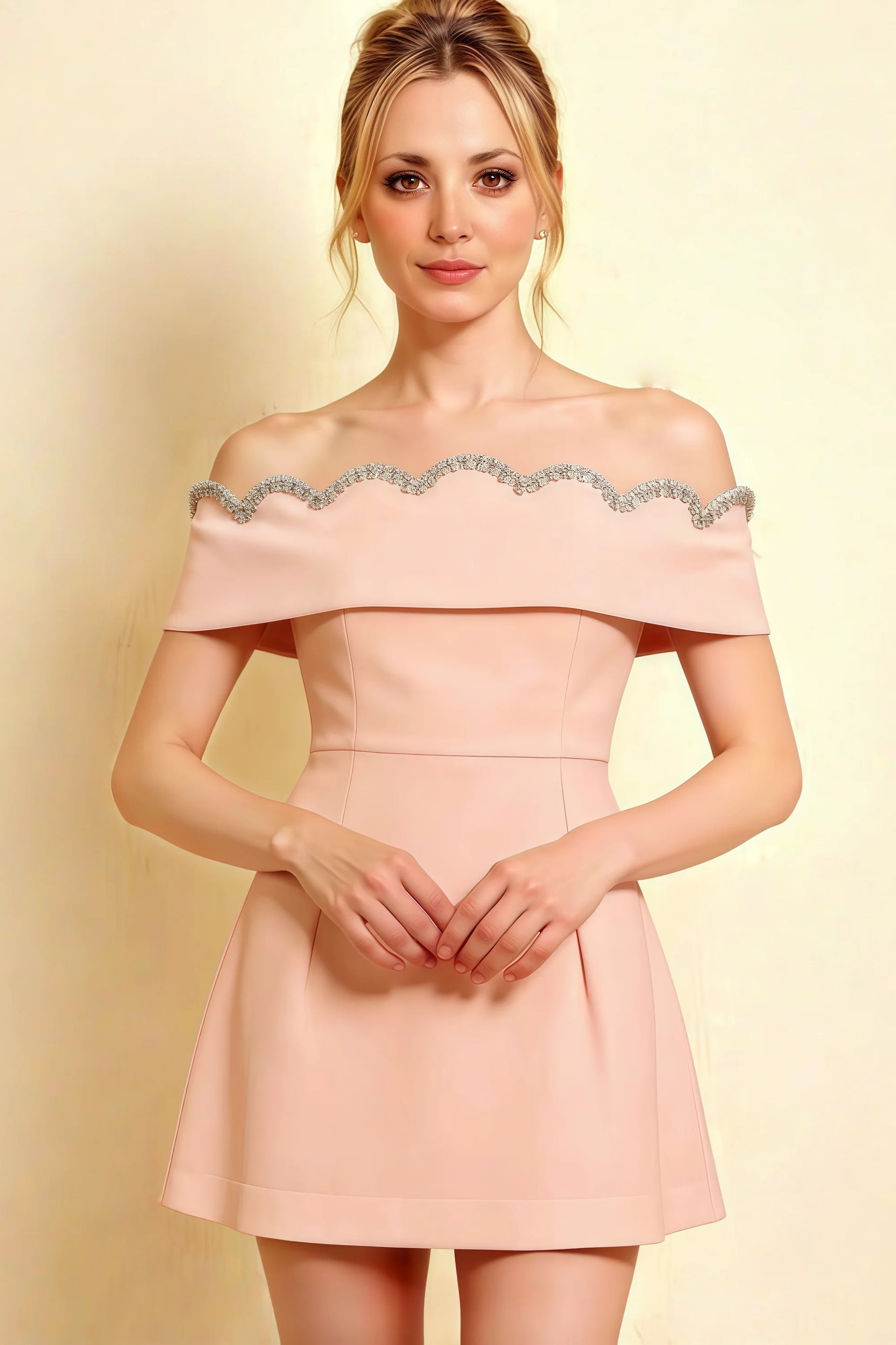 Christy Pink Off the Shoulder Rhinestones Mini Dress – Elegant Blush Crepe Semi-Formal Dress with Scalloped Beaded Neckline, Tailored Bodice & Flowy Skirt