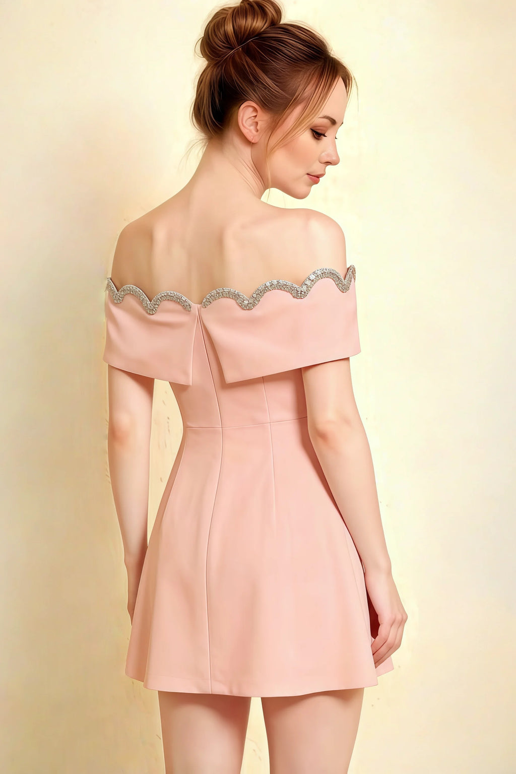 Christy Pink Off the Shoulder Rhinestones Mini Dress – Back Design of Blush Crepe Prom Dress with Scalloped Rhinestone Trim & High Waist