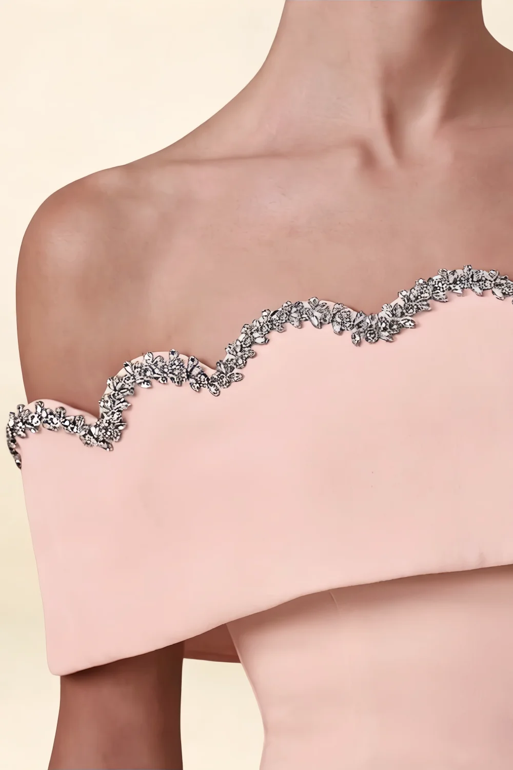 Christy Pink Off the Shoulder Rhinestones Mini Dress – Close-Up of Scalloped Rhinestone Neckline on Blush Crepe Fabric, Luxurious Beaded Detail