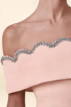 Christy Pink Off the Shoulder Rhinestones Mini Dress – Close-Up of Scalloped Rhinestone Neckline on Blush Crepe Fabric, Luxurious Beaded Detail