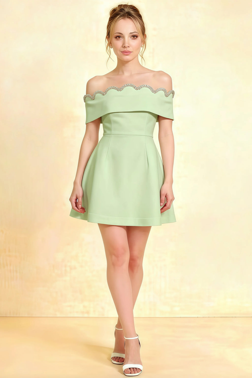 Christy mint off the shoulder rhinestones mini dress in crepe fabric for semi-formal parties and homecoming events, featuring a flared A-line silhouette and wavy neckline.