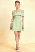 Christy mint off the shoulder rhinestones mini dress in crepe fabric for semi-formal parties and homecoming events, featuring a flared A-line silhouette and wavy neckline.