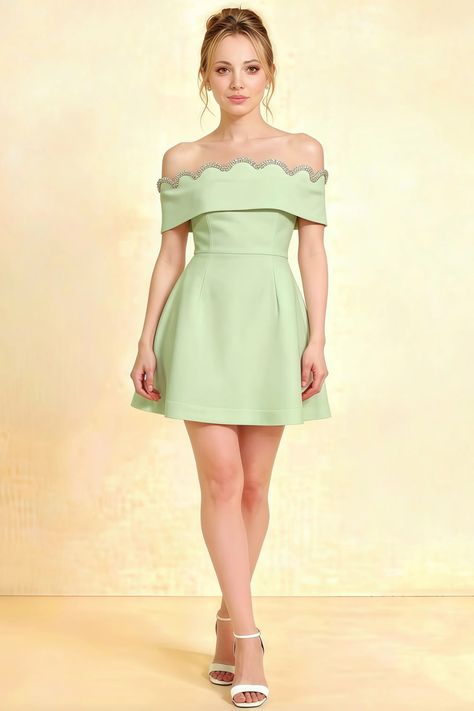 Christy mint off the shoulder rhinestones mini dress in crepe fabric for semi-formal parties and homecoming events, featuring a flared A-line silhouette and wavy neckline.