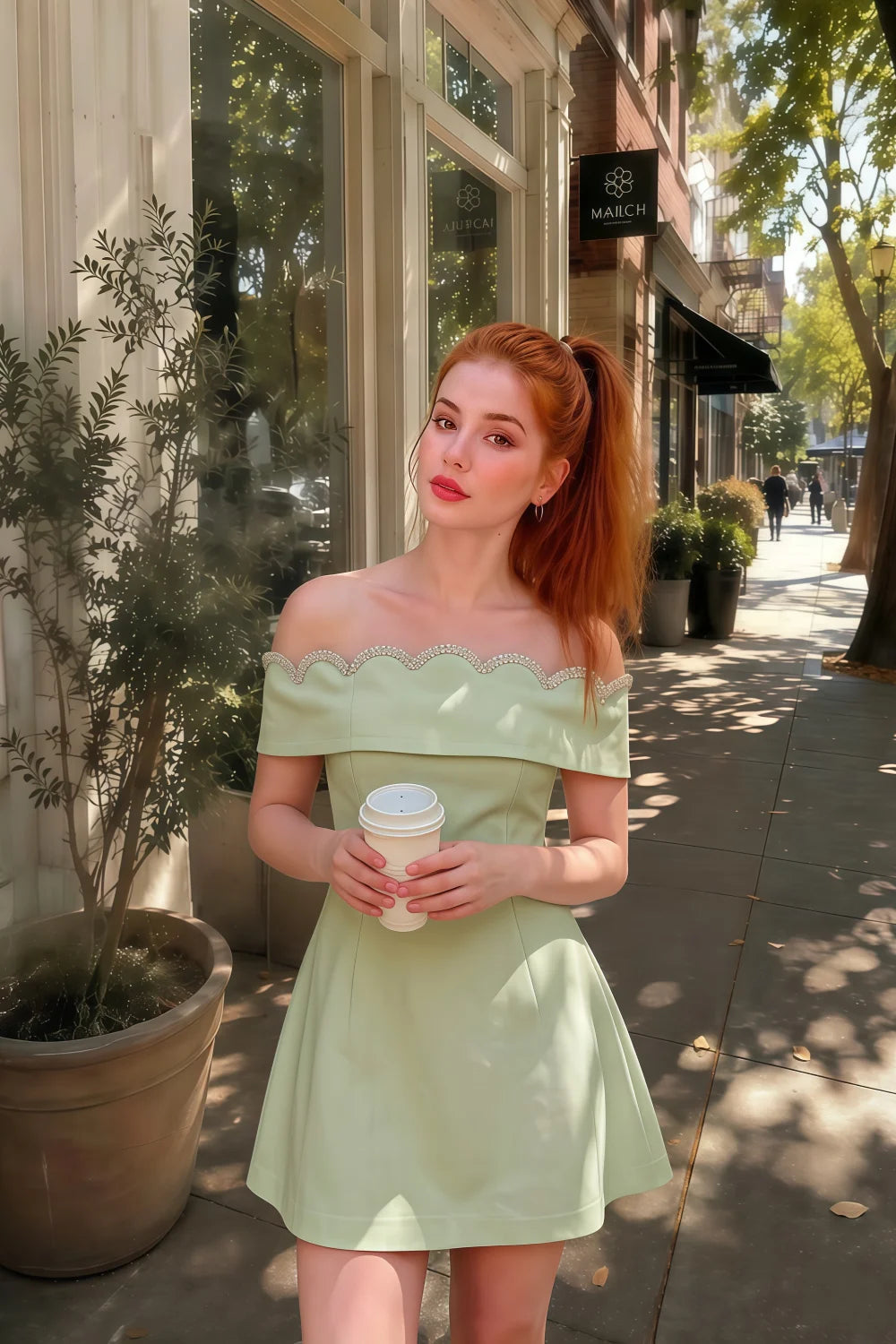 Real customer wearing Christy mint rhinestone mini dress outdoors, perfect as a summer street style look or for semi-formal garden parties.