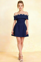 Christy Navy Off The Shoulder Rhinestones Mini Dress | Crepe Homecoming & Semi - Formal Short Party Dress with Scalloped Neckline