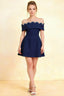 Christy Navy Off The Shoulder Rhinestones Mini Dress | Crepe Homecoming & Semi - Formal Short Party Dress with Scalloped Neckline