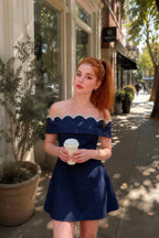 Customer Photo: Christy Navy Off The Shoulder Rhinestones Mini Dress | Crepe Casual Coffee Run, Homecoming & Bridesmaid Party Look