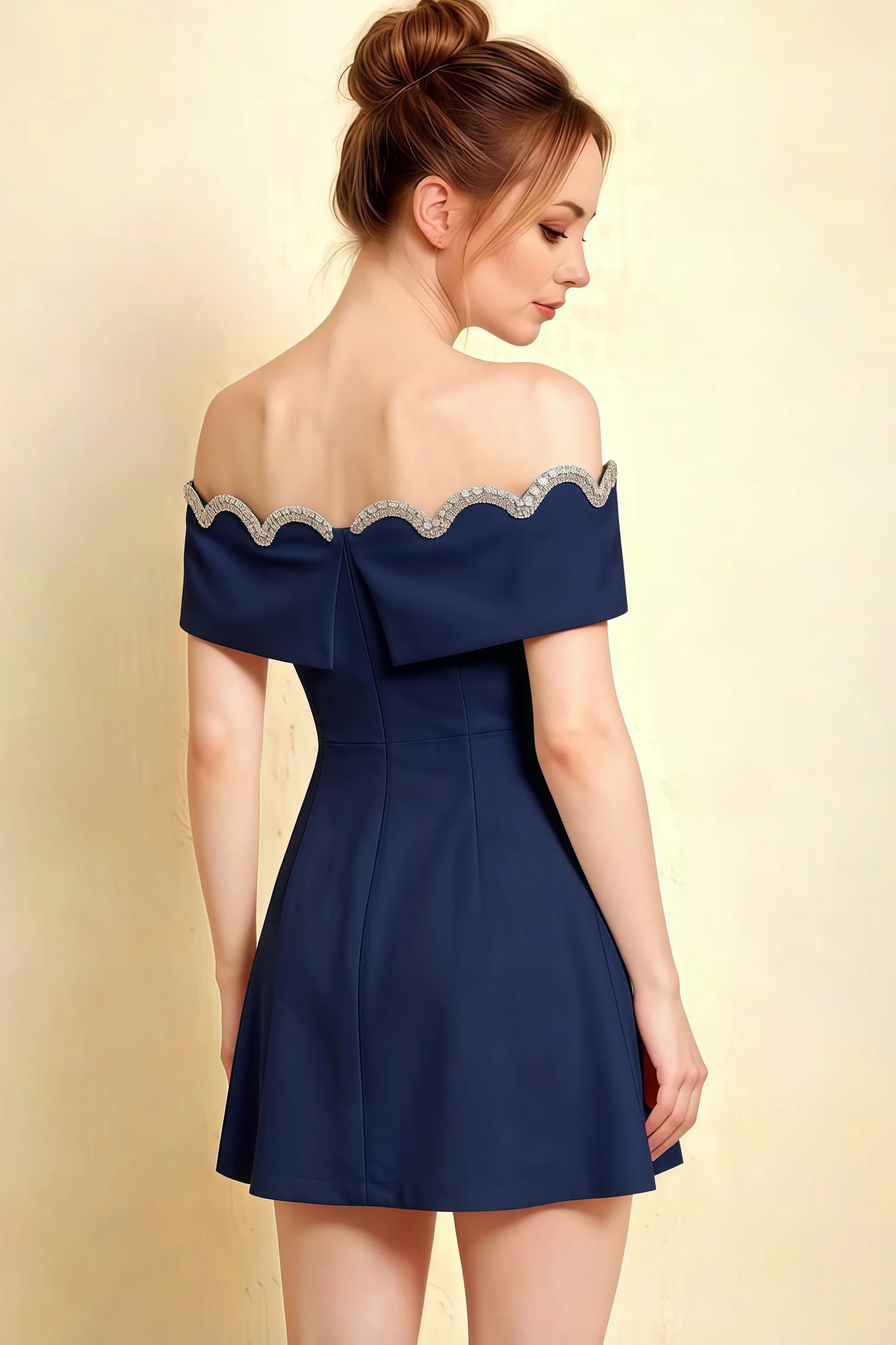 Christy Navy Off The Shoulder Rhinestones Mini Dress | Crepe Back Profile, Sophisticated Semi - Formal & Prom Dress