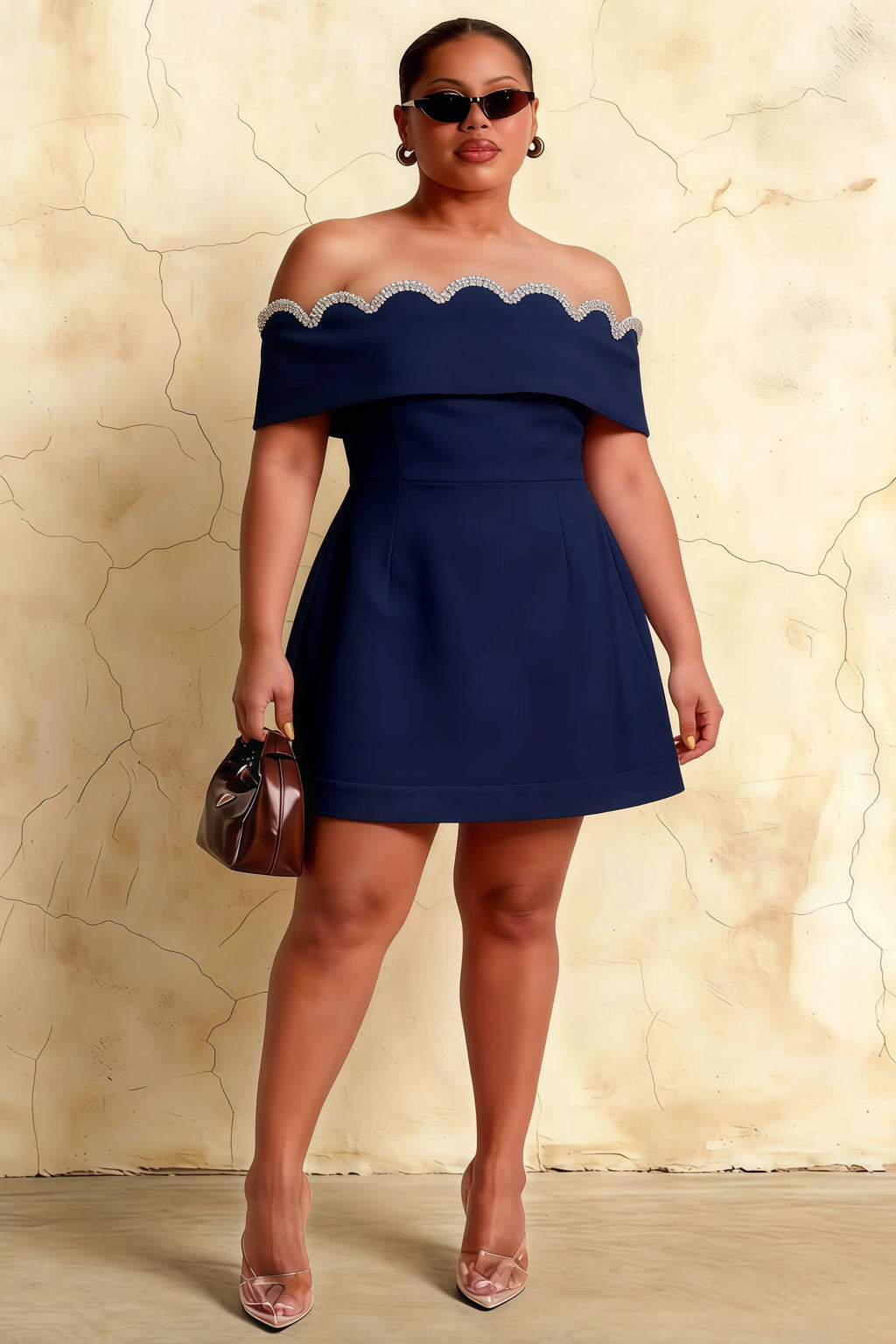 Plus Size Christy Navy Off The Shoulder Rhinestones Mini Dress | Crepe Semi - Formal, Prom & Bridesmaid Party Short Dress for Curvy Figures