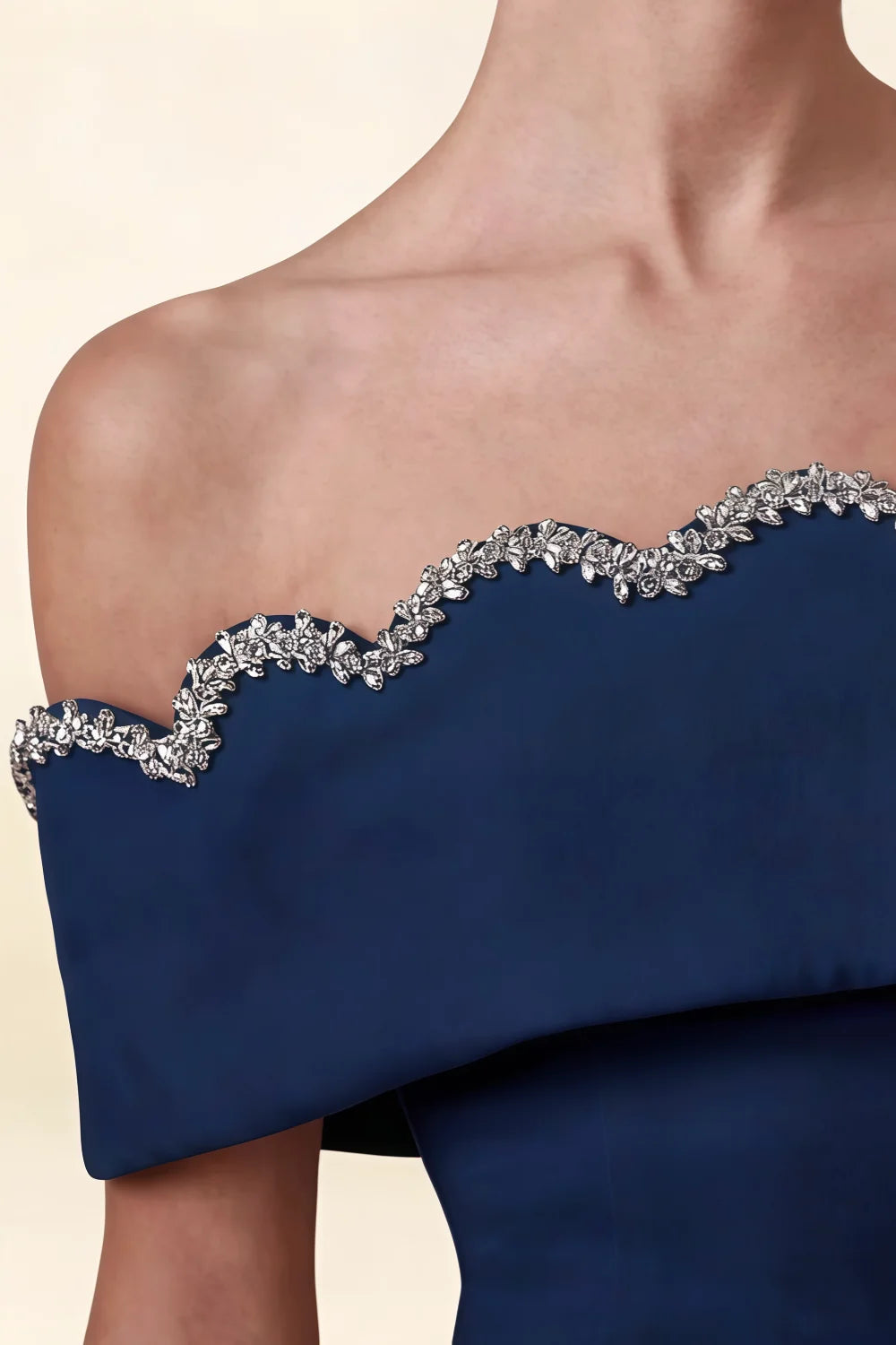 Christy Navy Off The Shoulder Rhinestones Mini Dress | Crepe Rhinestone Scalloped Neckline Close - Up, Luxury Details for Formal Events