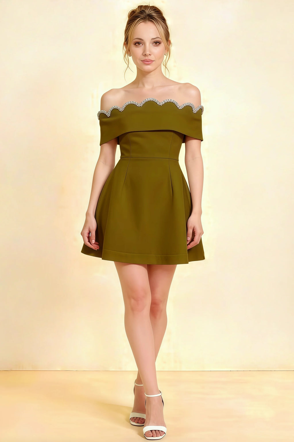 Olive christy off-the-shoulder dress with rhinestone trim, short prom homecoming dress in crepe.