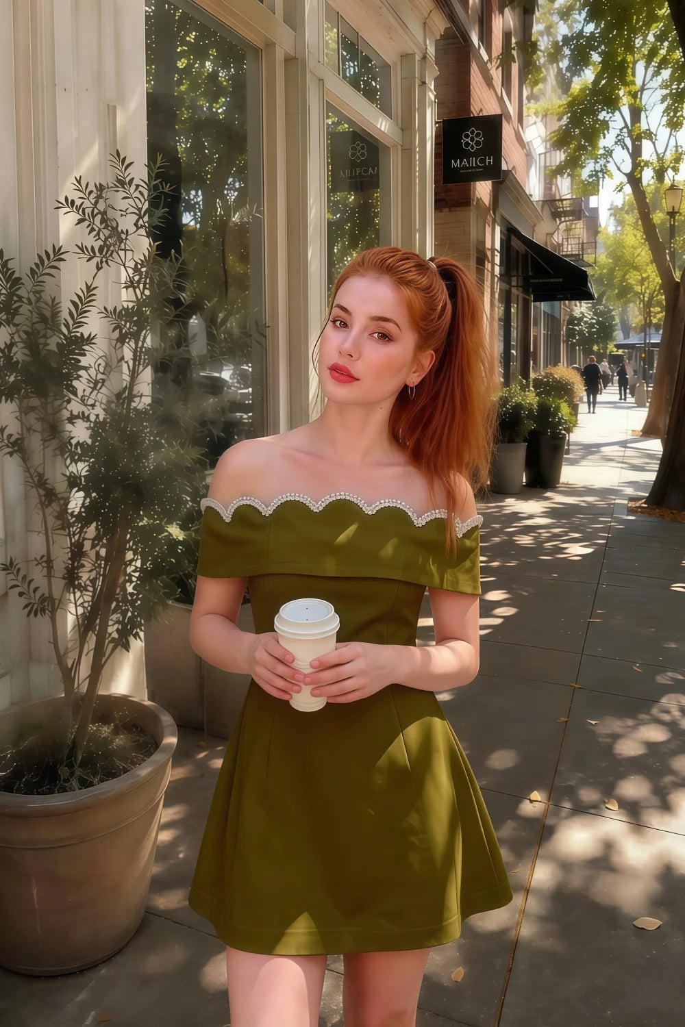 Casual street style olive christy dress, off-shoulder short homecoming outfit for women.