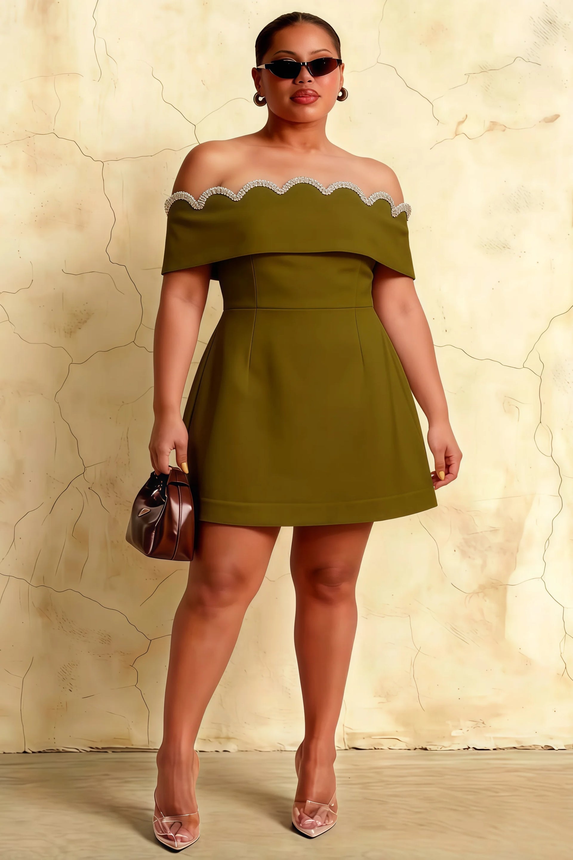 Plus size olive christy dress, flattering off-the-shoulder semi-formal gown with rhinestone details.