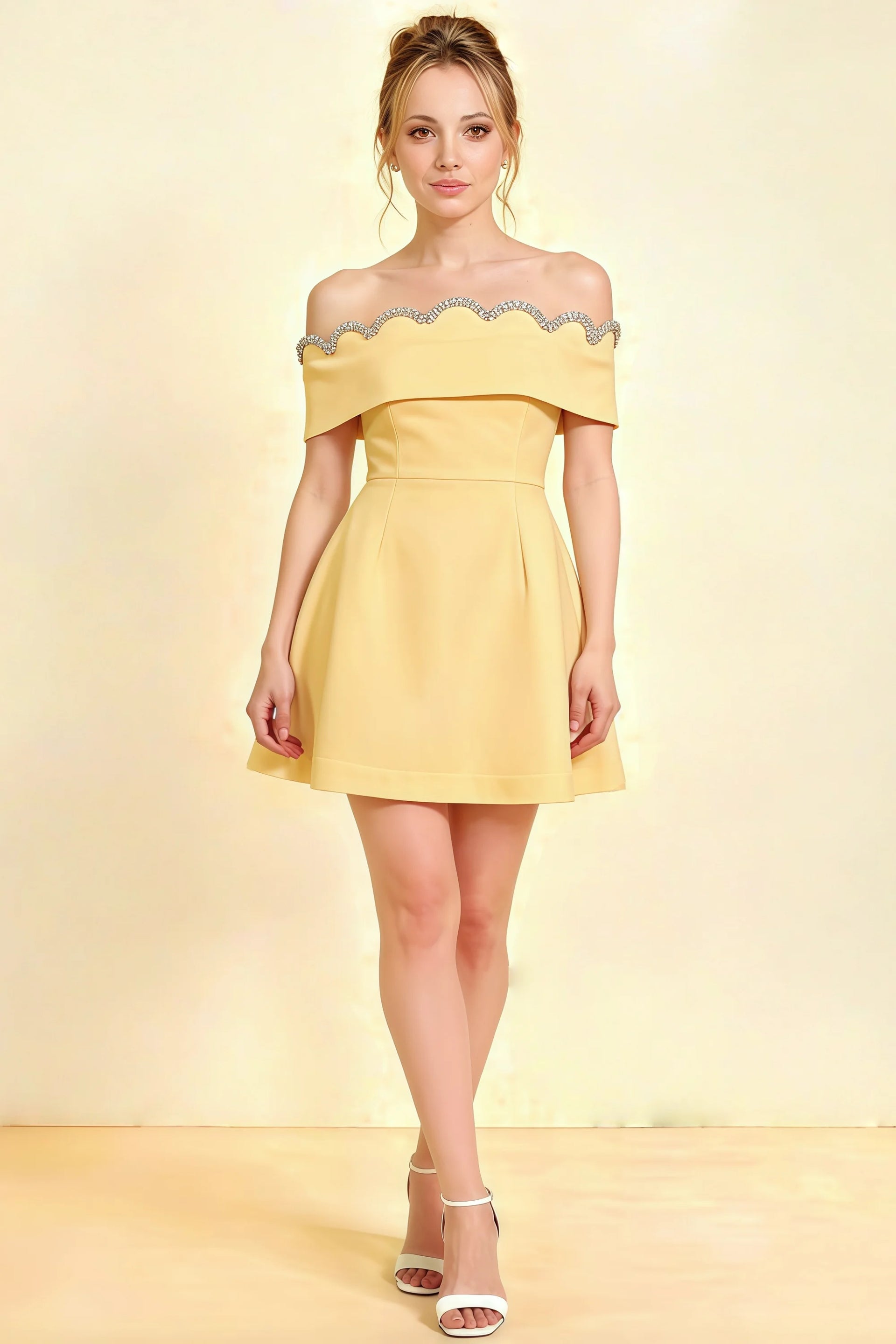 Christy pastel yellow off the shoulder rhinstones mini dress in crepe for homecoming and semi-formal events.