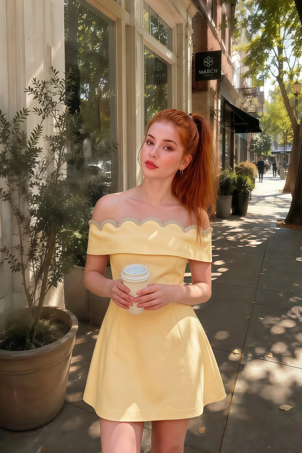 Customer photo of the Christy pastel yellow off the shoulder dress worn for a casual coffee date in the city.