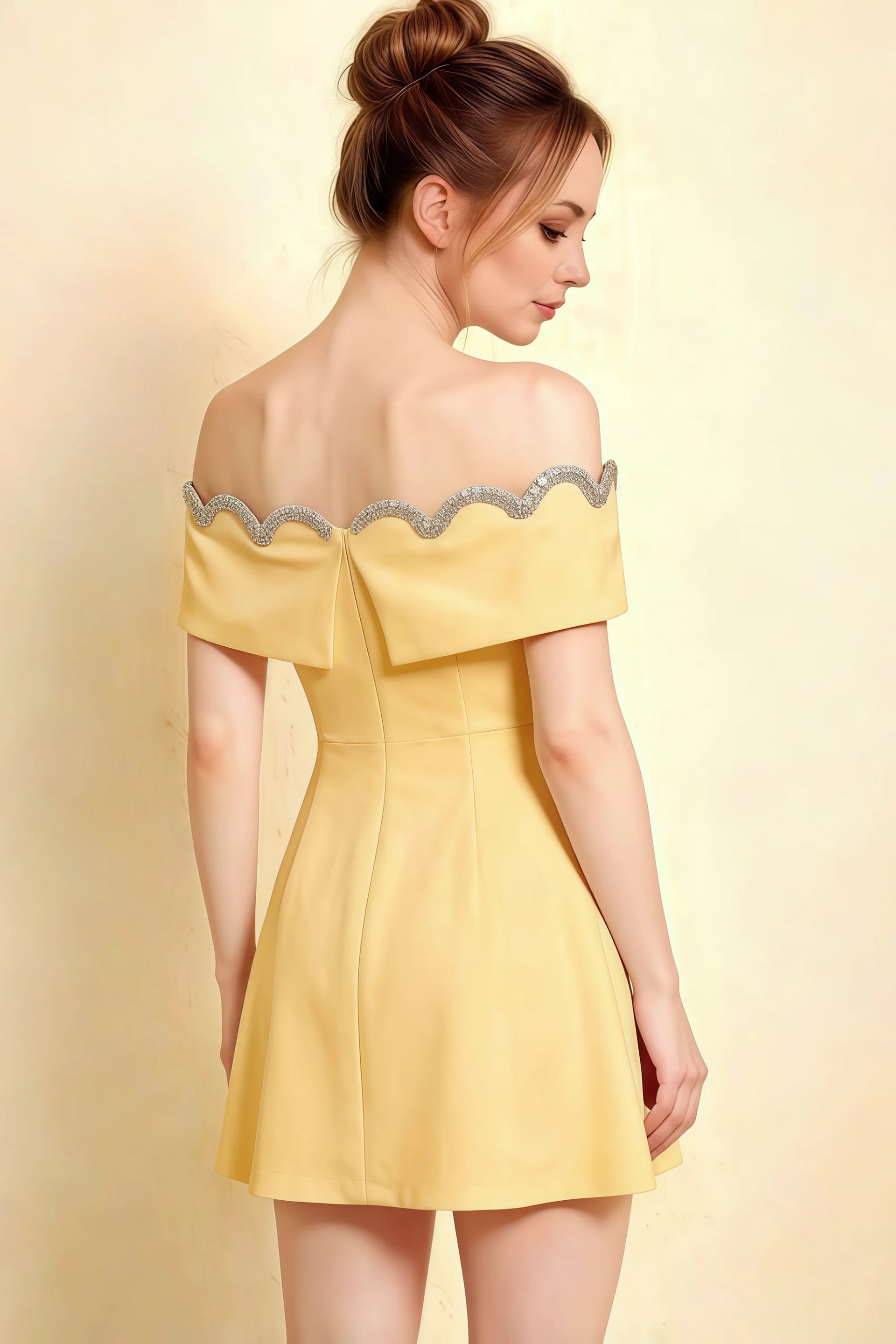 Side angle back view of the Christy yellow off shoulder dress highlighting the elegant bow detail at the back.