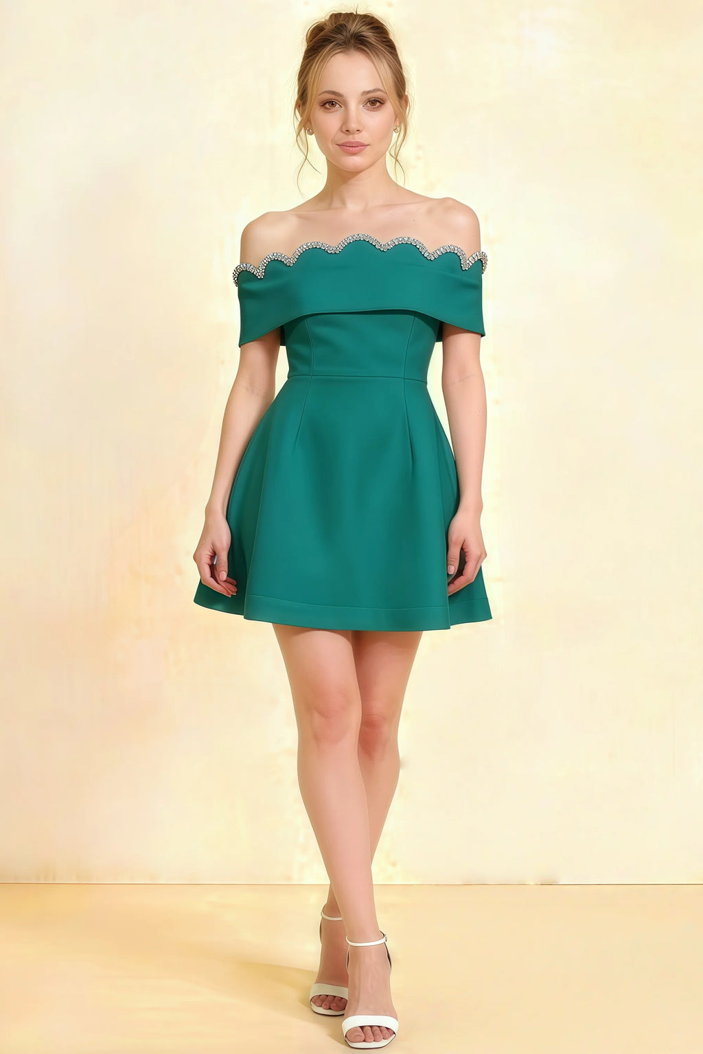 Christy Peacock Off-the-Shoulder Rhinestone Mini Dress – Elegant homecoming or semi-formal cocktail dress with flutter sleeves, sweetheart neckline, and A-line silhouette. Perfect for teens and young women.