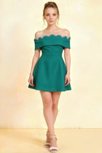Christy Peacock Off-the-Shoulder Rhinestone Mini Dress – Elegant homecoming or semi-formal cocktail dress with flutter sleeves, sweetheart neckline, and A-line silhouette. Perfect for teens and young women.