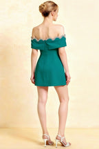 Back View of Christy Peacock Off-the-Shoulder Rhinestone Mini Dress – Flattering open back with delicate lace trim, empire waist, and flowy skirt. Ideal for prom or bridesmaid party.