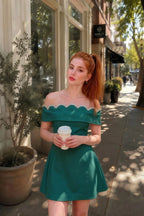 Real Customer Wearing Christy Peacock Off-the-Shoulder Rhinestone Mini Dress – Casual chic street style for coffee dates or weekend brunches. Flattering fit for all body types.