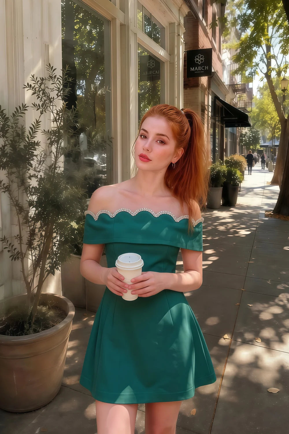 Real Customer Wearing Christy Peacock Off-the-Shoulder Rhinestone Mini Dress – Casual chic street style for coffee dates or weekend brunches. Flattering fit for all body types.