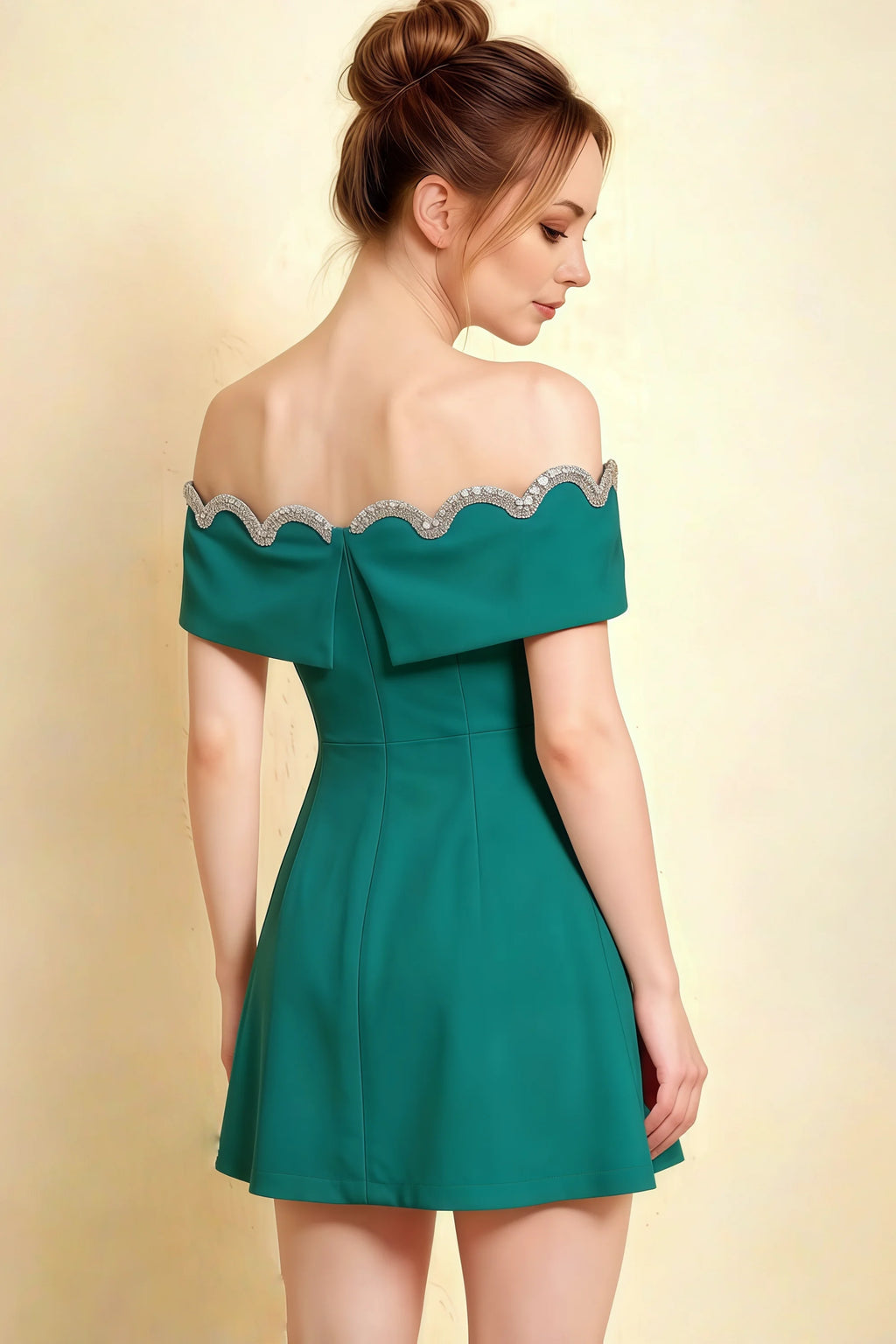 Back Detail of Christy Peacock Off-the-Shoulder Rhinestone Mini Dress – High-neck back with lace trim and empire waist. Ideal for prom queens or bridesmaids seeking elegance and comfort.