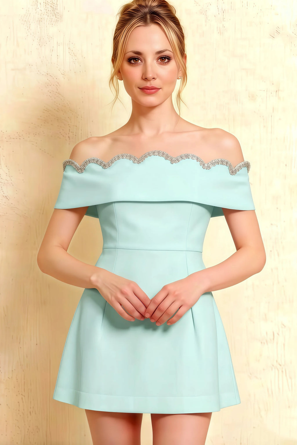 Studio shot of the Christy powder blue crepe dress featuring an elastic off-the-shoulder neckline with wavy rhinestone applique, ideal for prom or bridesmaid wear.