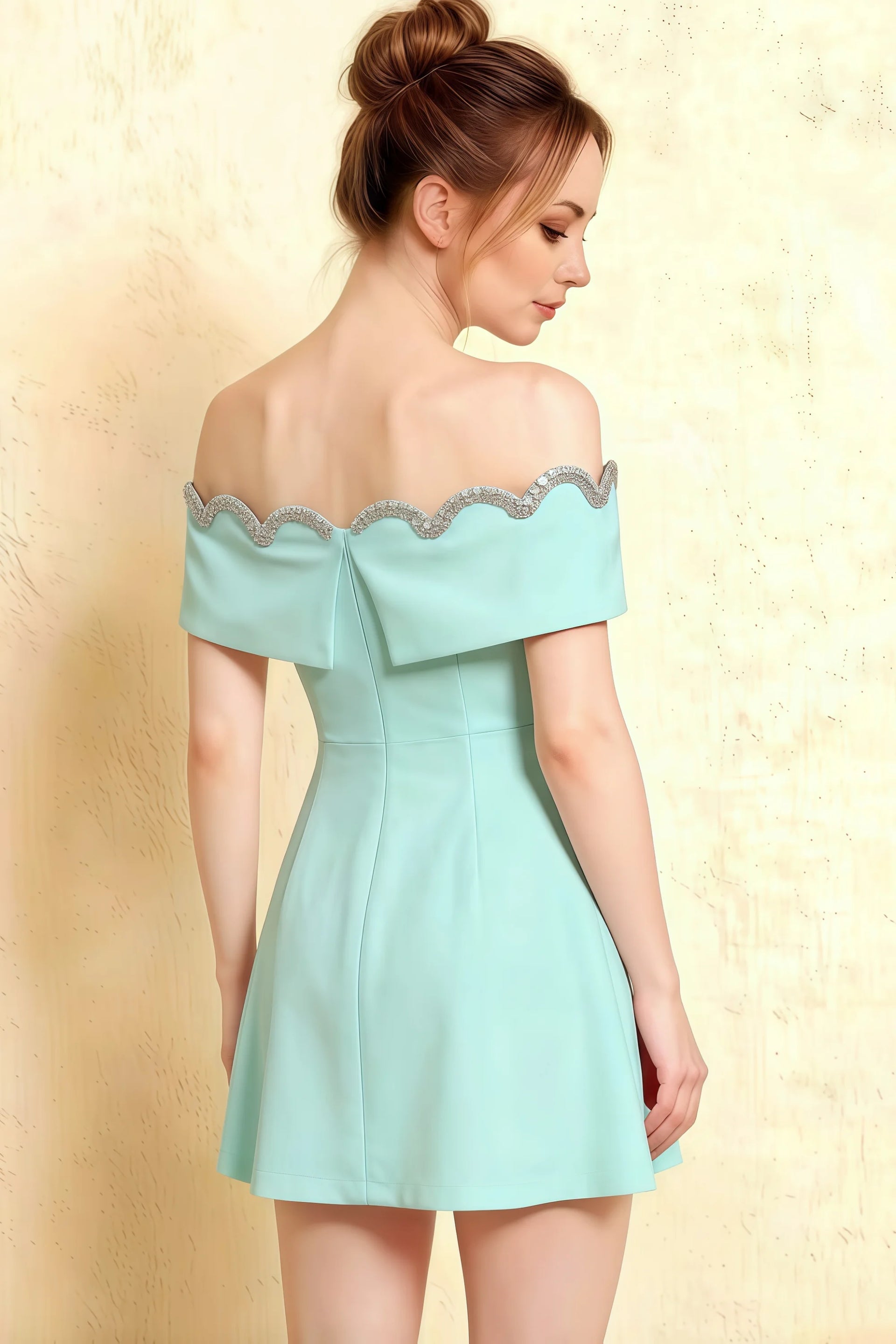Side and back profile of the Christy mini dress in light blue, highlighting the fitted waist and the decorative scalloped lace hem detail on the shoulders.