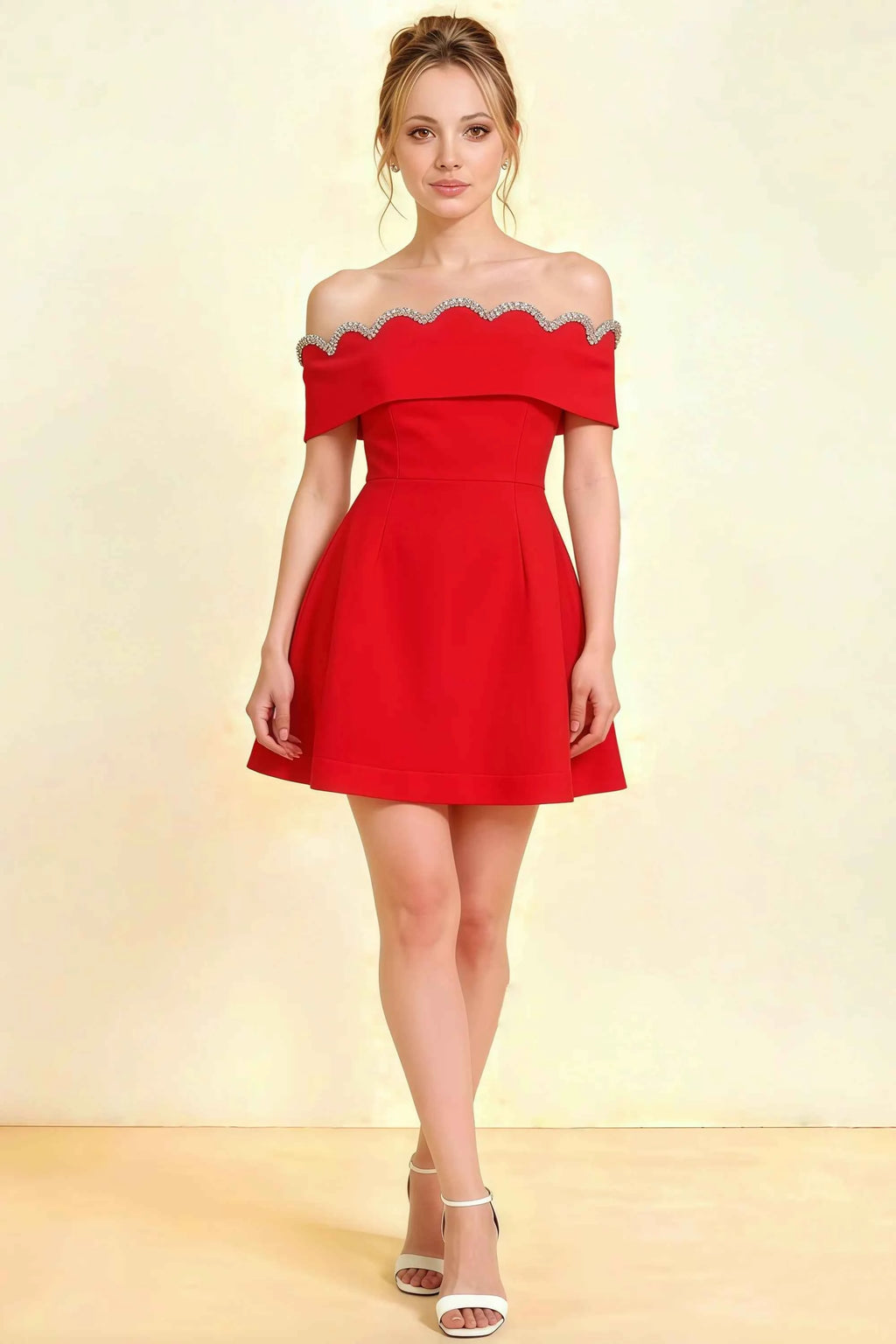 Christy Red Off The Shoulder Rhinestones Mini Dress in Crepe - Elegant Homecoming & Semi-Formal A-Line Dress