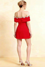 Back View of Christy Red Crepe Dress - Scalloped Rhinestone Neckline & Open Back for Prom