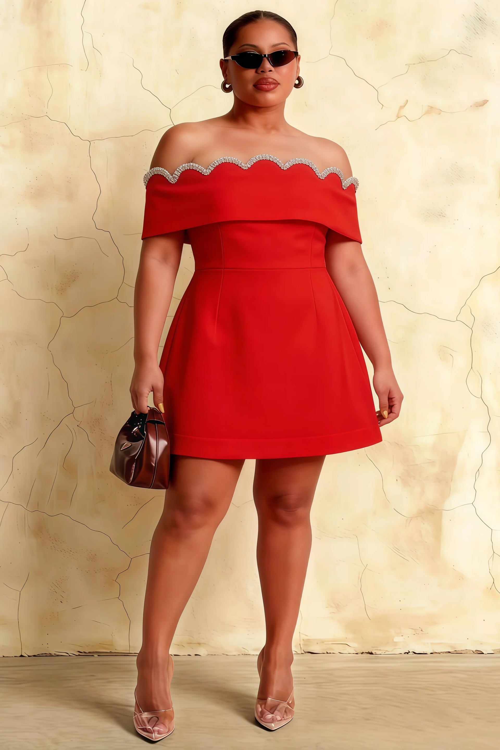 Plus Size Christy Red Off Shoulder Dress - Inclusive Sizing Mini Dress with Rhinestones for Women
