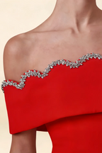 Luxury Scalloped Rhinestone Trim on Christy Red Dress - Premium Off The Shoulder Design Detail