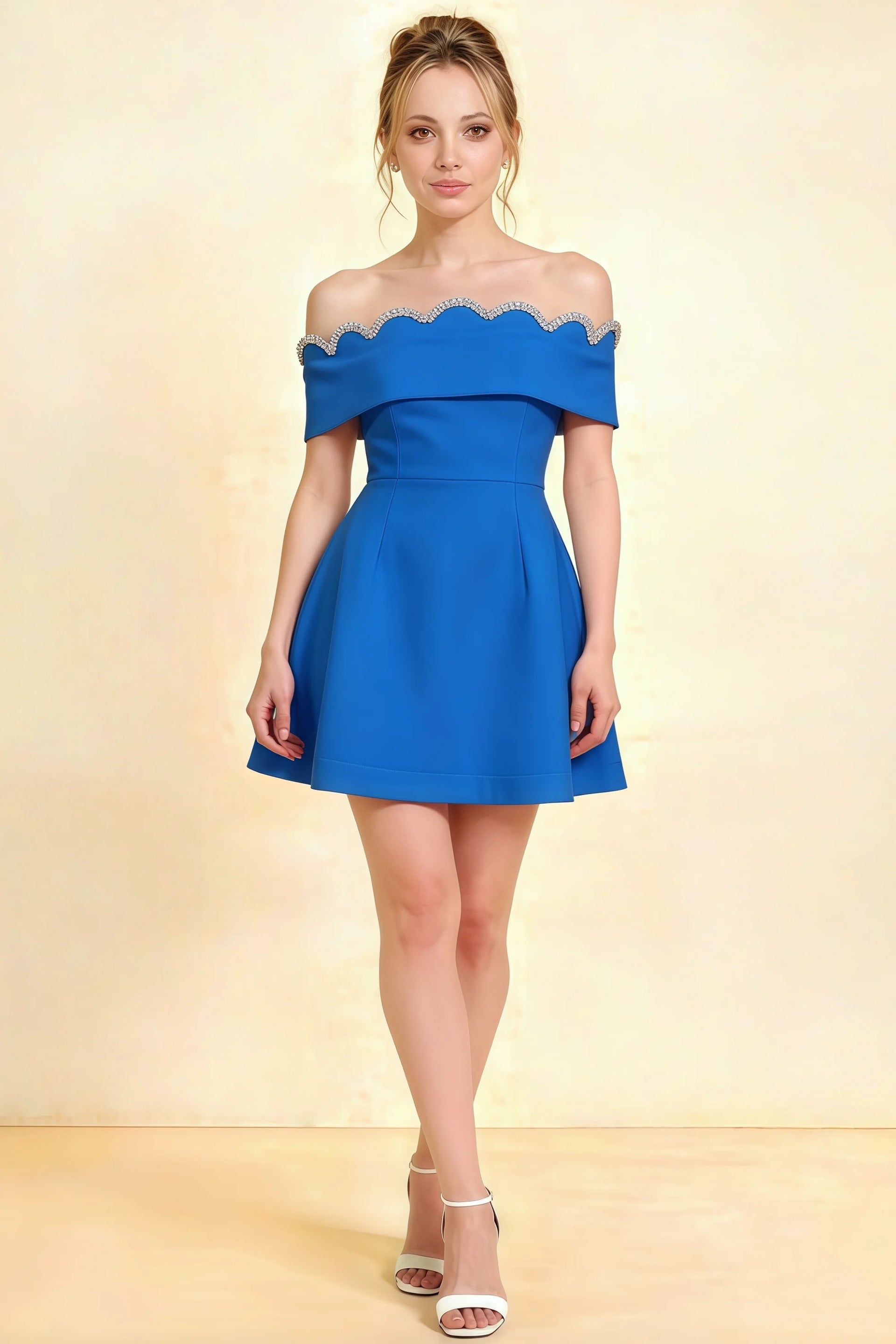Royal blue Christy crepe dress with off-the-shoulder rhinestone neckline, perfect for homecoming or semi-formal events.