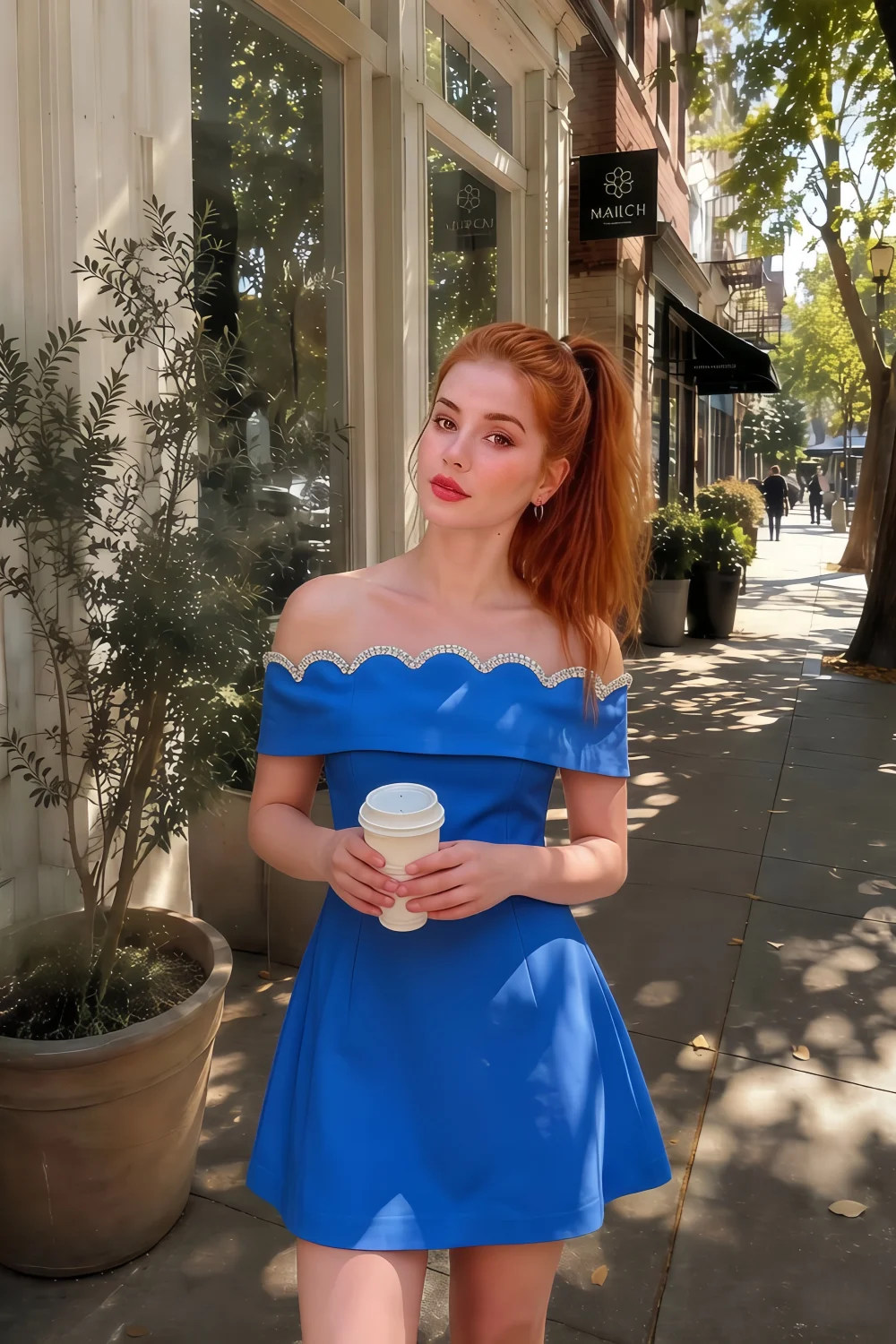 Customer wearing royal blue off-shoulder Christy dress for a casual coffee run, showcasing versatile summer style.