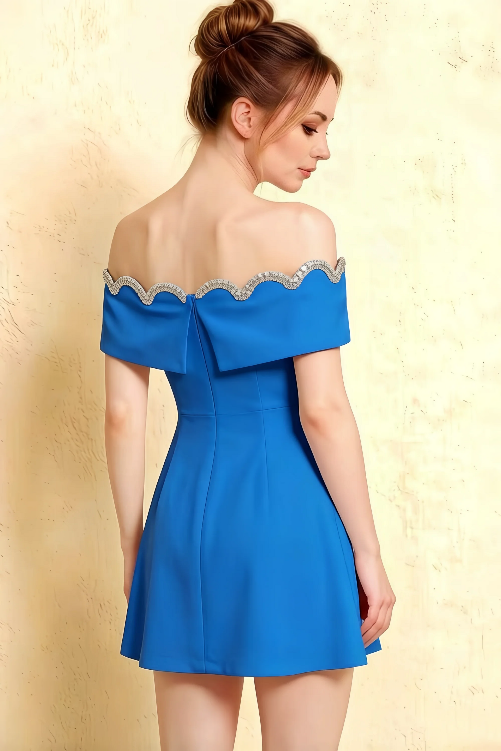 Side profile of the Christy royal blue off-shoulder dress, showing the elegant silhouette and back bow design.