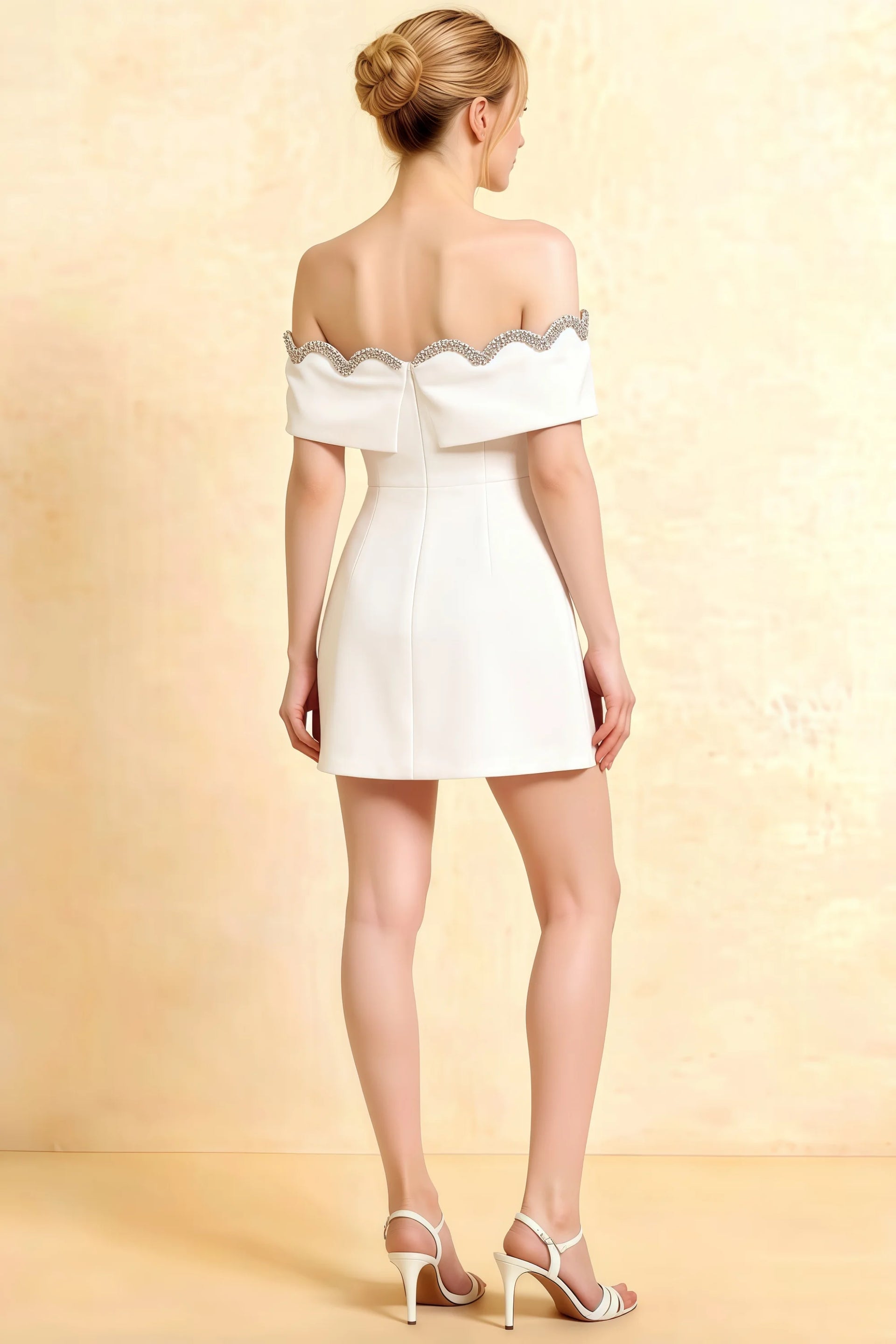 Christy White Off the Shoulder Rhinestones Mini Dress