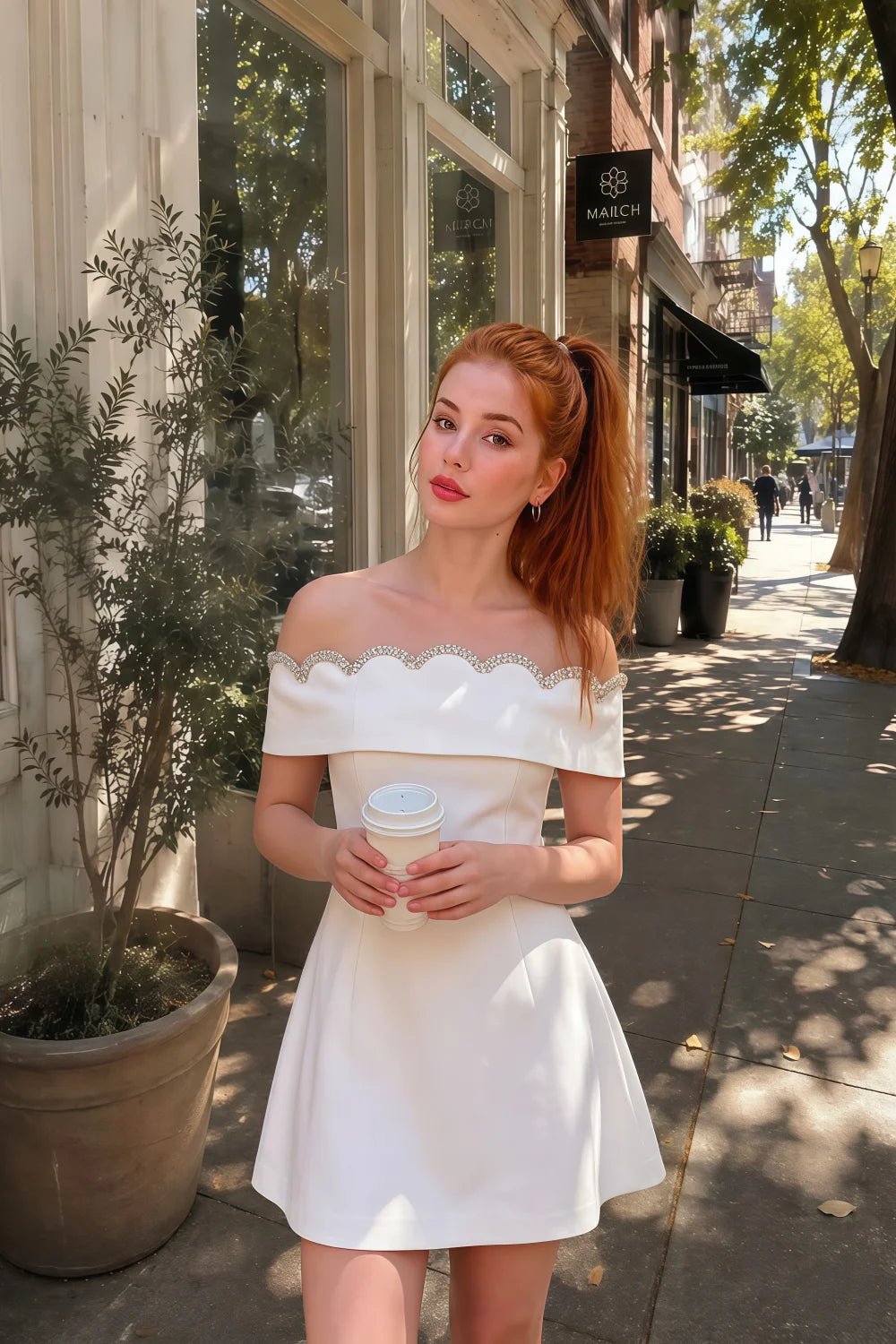 Christy White Off the Shoulder Rhinestones Mini Dress