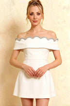 Christy White Off the Shoulder Rhinestones Mini Dress