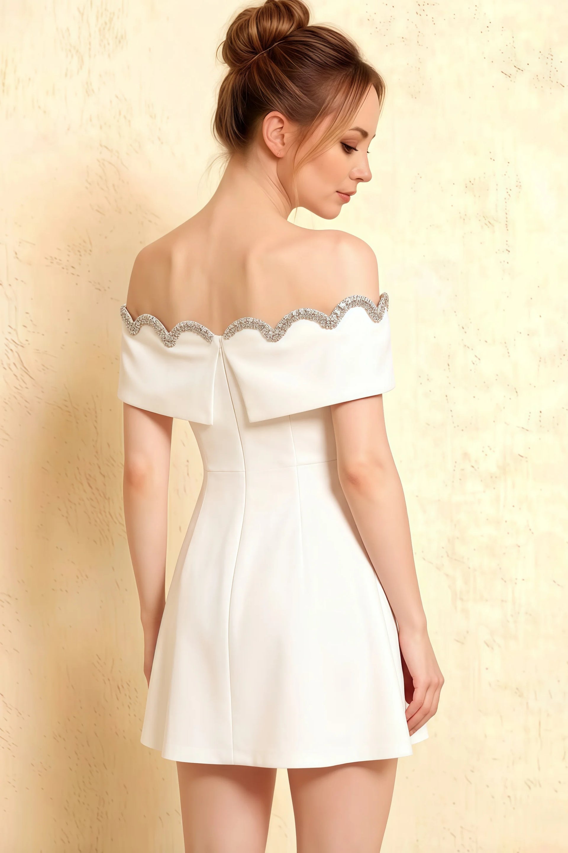 Christy White Off the Shoulder Rhinestones Mini Dress