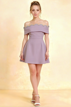 Christy wisteria crepe off-the-shoulder mini dress with rhinestone trim, perfect for homecoming or semi-formal events.