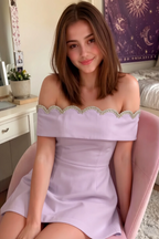 Customer photo of the Christy wisteria crepe dress in a cozy bedroom setting, highlighting the elegant neckline and stretch fit.