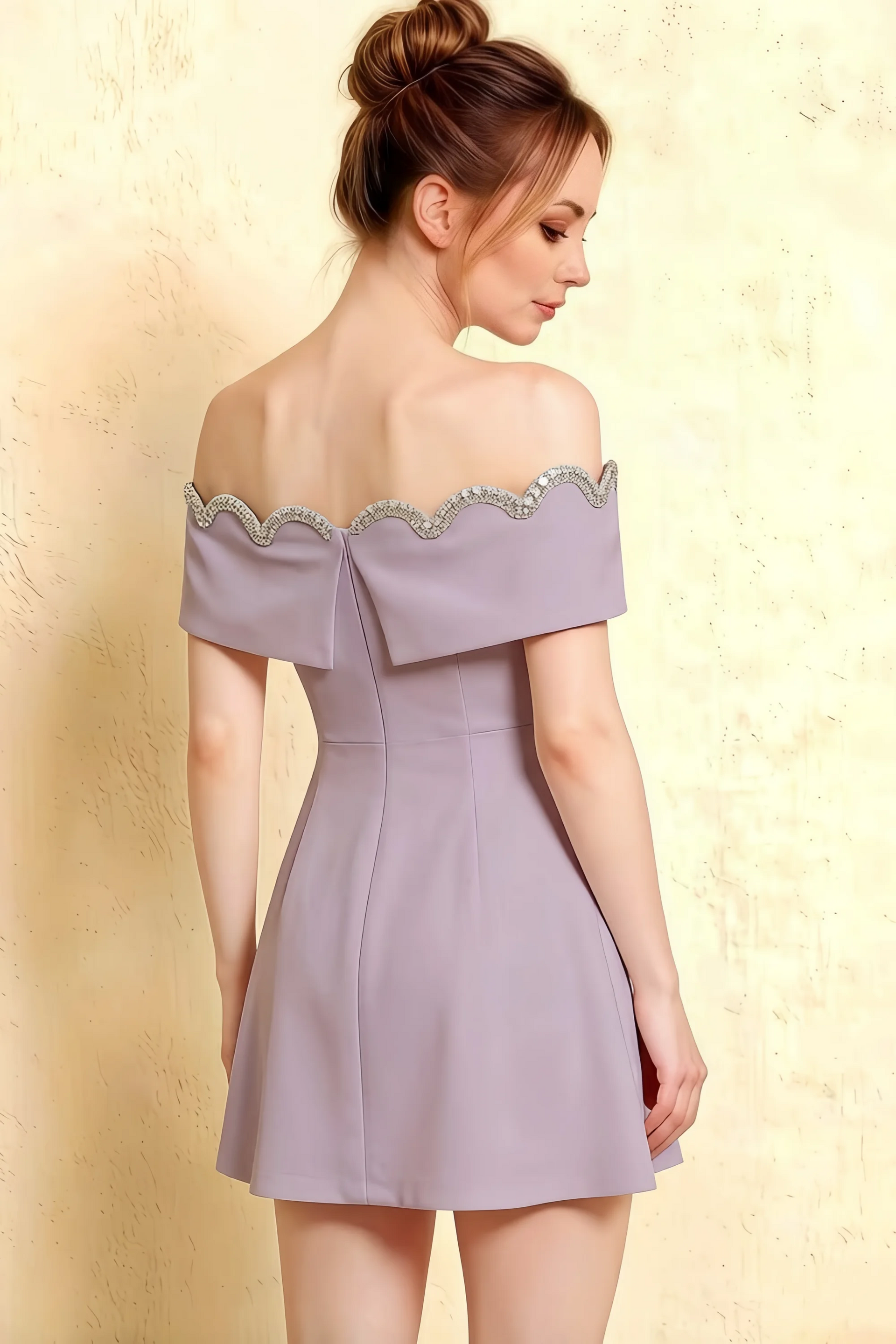 Side-back angle of the Christy wisteria dress displaying the textured crepe fabric and decorative sweetheart neckline trim.