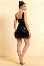 Cindy Black Sequin Bodycon Square Neck Mini Dress with Feather Trim