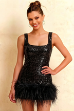 Cindy Black Sequin Bodycon Square Neck Mini Dress with Feather Trim