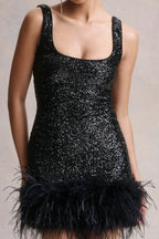 Cindy Black Sequin Bodycon Square Neck Mini Dress with Feather Trim