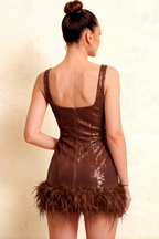 Cindy Brown Sequin Bodycon Square Neck Mini Dress with Feather Trim