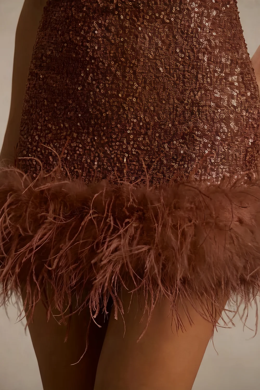 Cindy Brown Sequin Bodycon Square Neck Mini Dress with Feather Trim